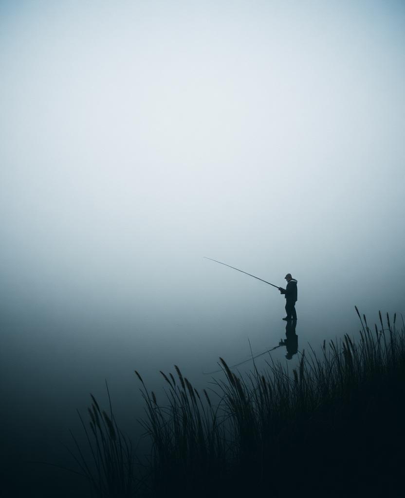 Angler casting a line on a misty lake at dawn